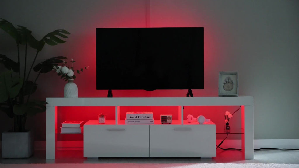 Black LED TV Stand with Listed 51-Inch Length and Single Storage Drawer, Modern Entertainment Media Console for Living Room, Bedroom and Game Room Organization