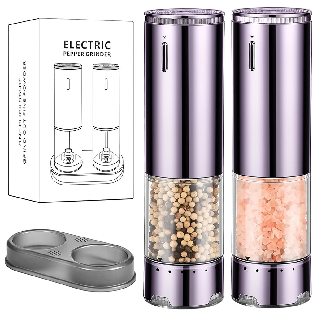 Automatic Salt and Pepper Grinder Set, 2 Refillable Electric Mills in Silvery with LED Light, Adjustable Coarseness and One-Handed Operation for Kitchen Seasoning