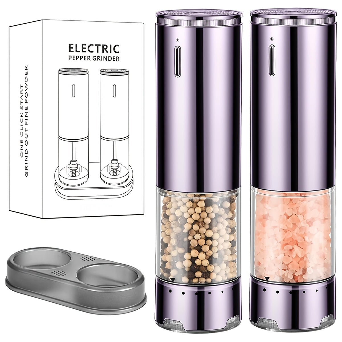 Automatic Salt and Pepper Grinder Set, 2 Refillable Electric Mills in Silvery with LED Light, Adjustable Coarseness and One-Handed Operation for Kitchen Seasoning