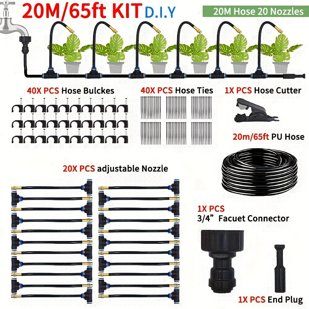 Drip Irrigation Kit with Adjustable Drippers and Spray Nozzle References, Flexible Vinyl Hose in 65ft and 100ft Options for Garden Beds and Patio Plants