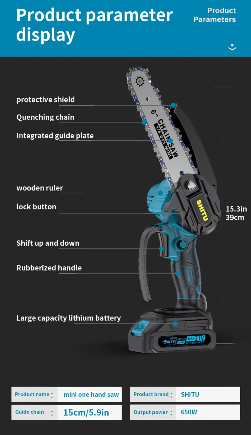 Battery Powered Mini Pruning Chainsaw with Listed Safety Lock, Portable Wood Cutting Tool with One or Two Battery Package Options for Outdoor Garden Maintenance