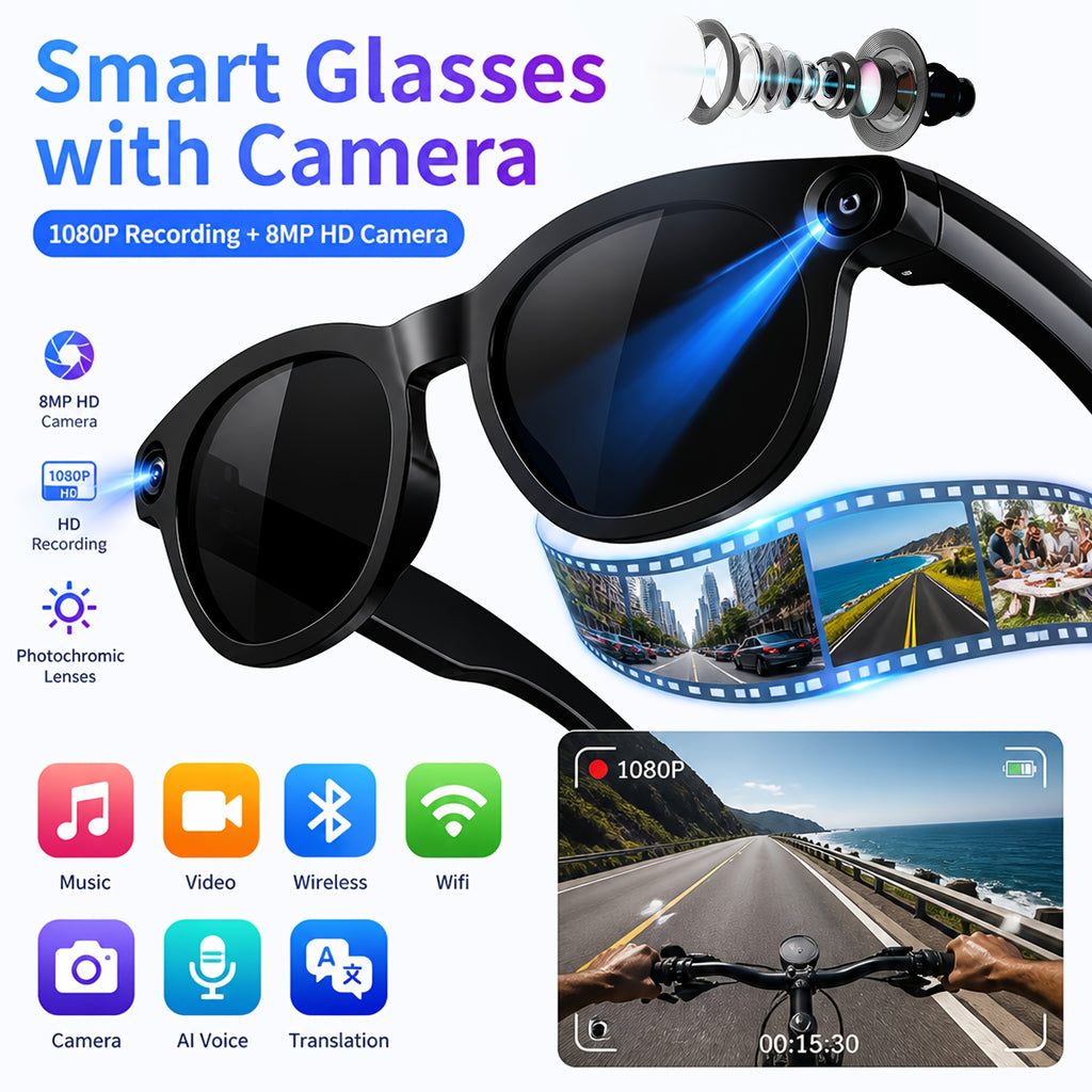 Voice-Wake Smart Camera Glasses with Listed 8MP Imaging, Photo and Video Capture, Real-Time Translation, Voice Assistant, Wireless Music and Call Features