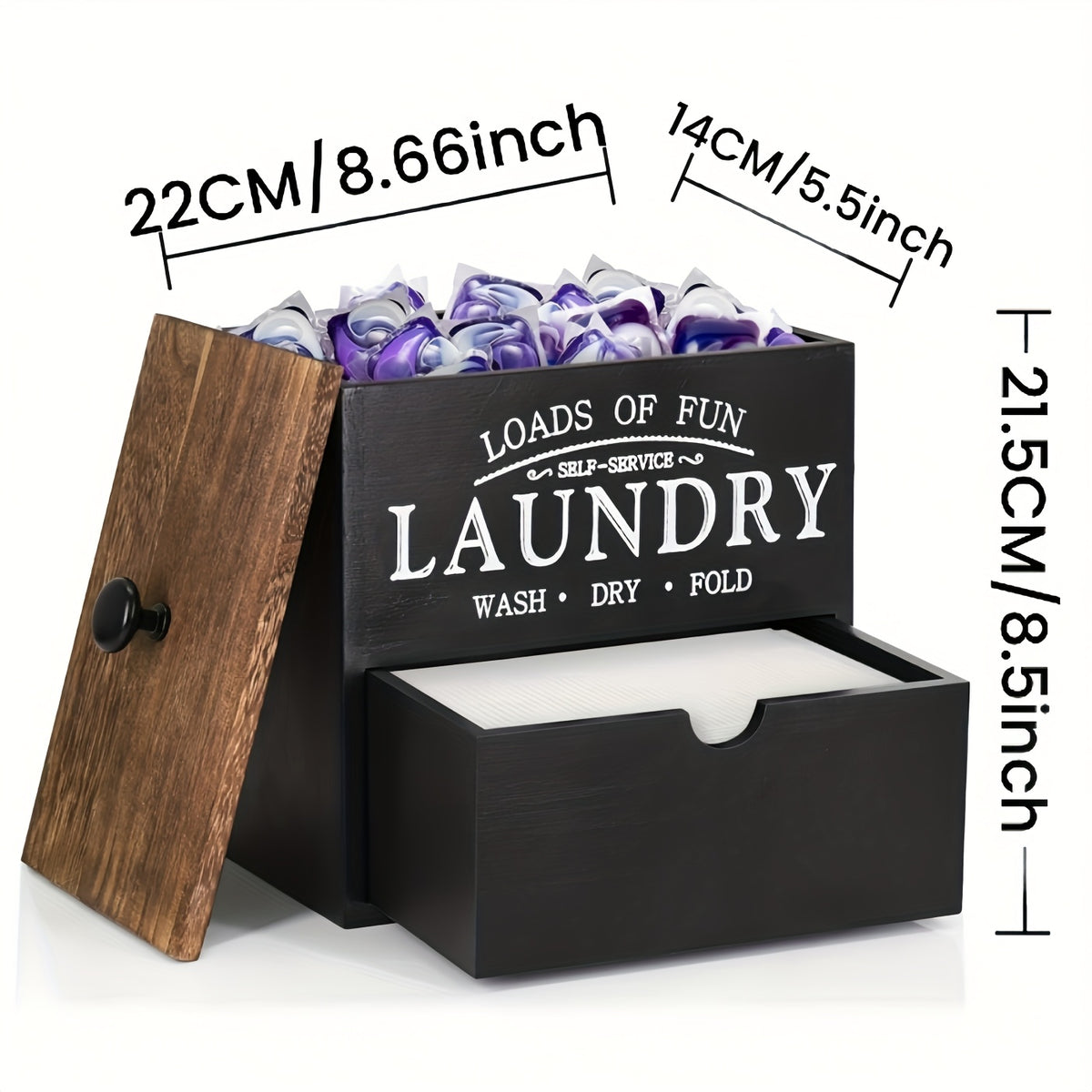 Wooden Dryer Sheet Holder by MONDRAME with Drawer and Lid, Farmhouse Laundry Room Organizer for Wall Mount or Countertop Placement in Black or White Options