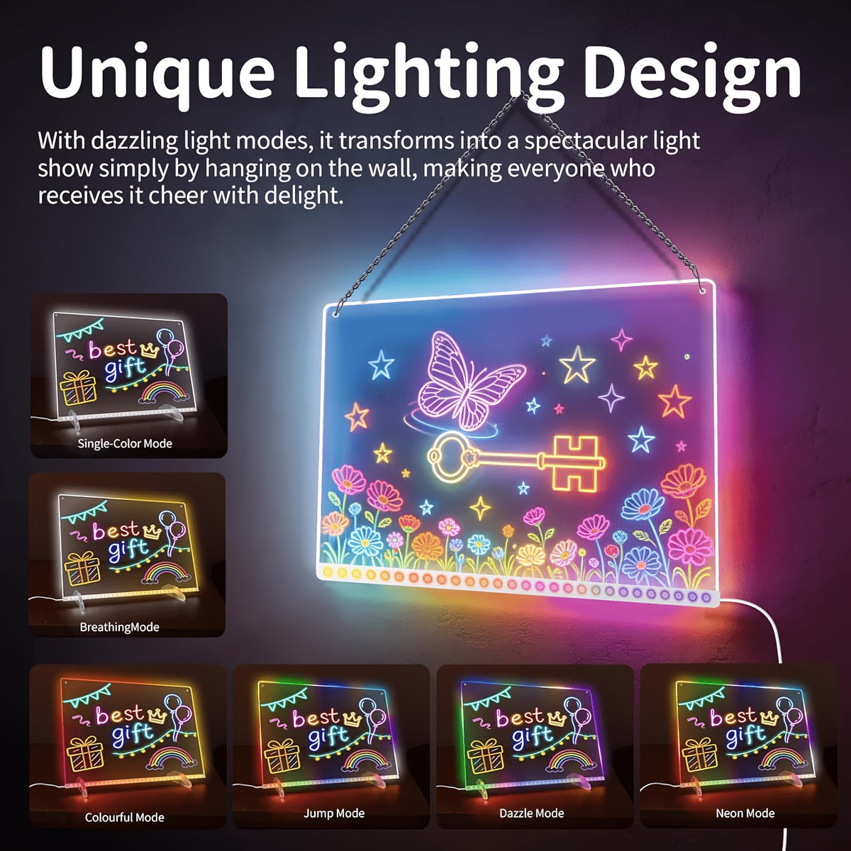 LED Erasable Drawing Board 13.7 x 10 Inch, RGB+IC Acrylic Message Sign with 21 Lighting Effects, Remote and App Control and 12-Color Pens