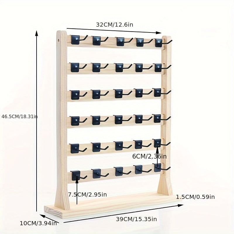 Tiered Wooden Jewelry Display Rack, Earring Card and Necklace Organizer with Removable Metal Hooks in 4, 5 or 6-Layer Light Wood and Oak Color Options