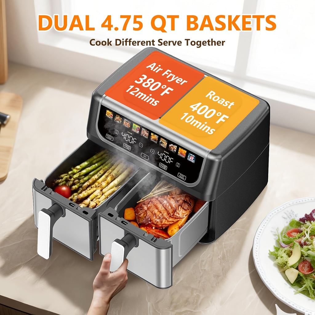 Dual Basket Air Fryer with Listed 9.5 Quart Capacity, Independent Temperature Control, Sync Mode, 10 Presets and Shake Reminder in Black or Gray