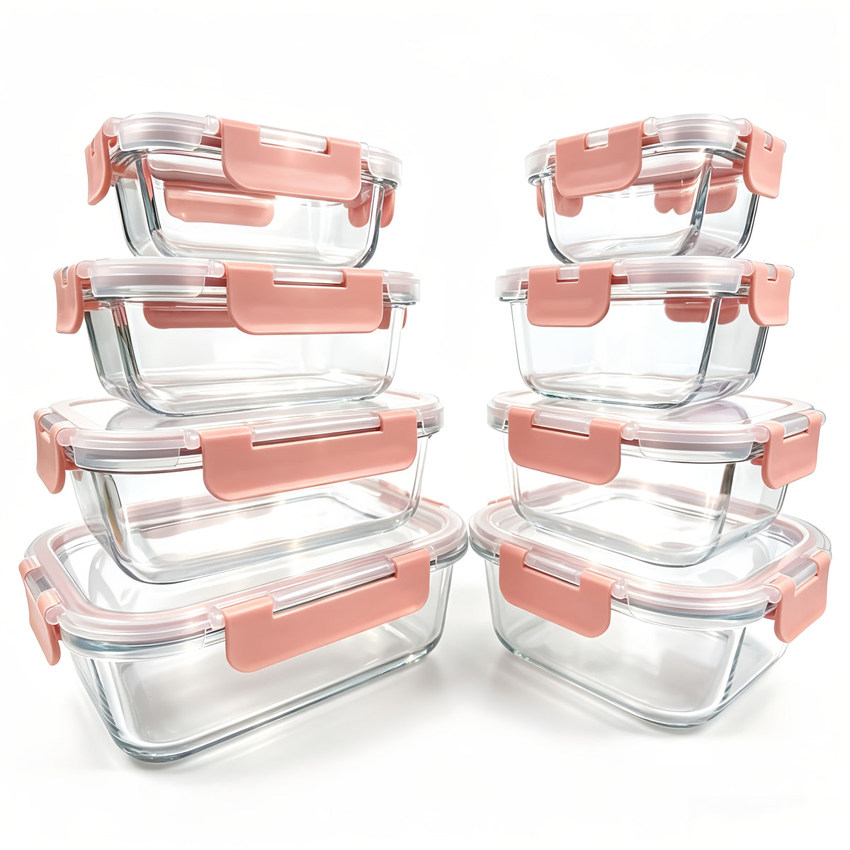 16-Piece Glass Food Storage Set with 8 Containers and 8 Matching Lids, Pink Ear-Buckle, Green or Black Ear-Clip Options for Lunch Portions and Picnic Meals