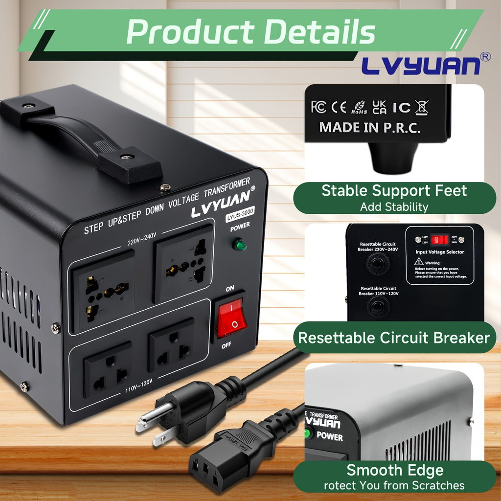 Step Up Down Voltage Converter by LVYUAN, 110V–120V to 220V–240V Transformer with Two US Outlets, Two Universal Outlets and Resettable Circuit Breaker