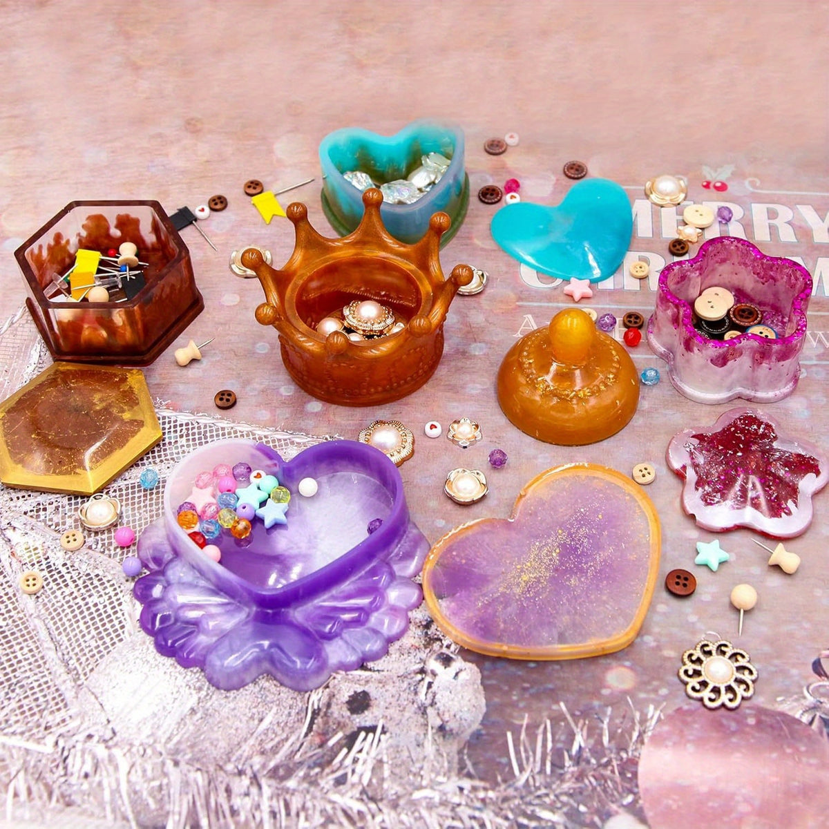 Silicone Resin Mold Kit with Mica Powder, 43-Piece Crown and Heart Shape Casting Set for DIY Jewelry Storage Boxes and Trinket Containers