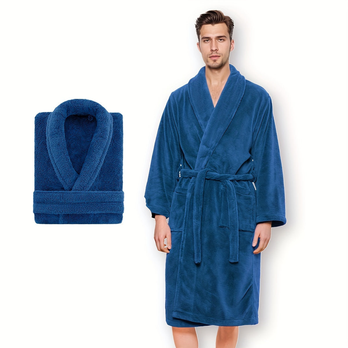 Coral Fleece Bathrobe for Men and Women with Shawl Collar, Adult Home Lounge Robe in S, M, L or XL Size Labels and Four A–D Color Selections