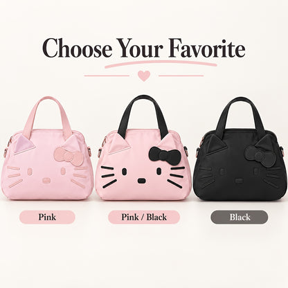 Bow Decorated Nylon Tote Bag with Hello Kitty Theme, Shoulder and Crossbody Carry for Daily Commutes, Gym Visits and Weekend Travel