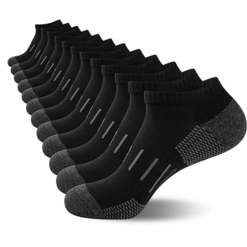 Men's Cushioned Low-Cut Socks 12-Pair Pack, 100% Polyester Knit Casual Socks in Black or Dark Gray with One-Size Label for Everyday Shoe Pairing
