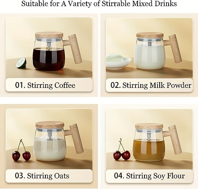 Self-Stirring Mug 400ml OBS-JB01 with Listed 8cm Stirring Bar, Borosilicate Glass and Imitation-Wood Plastic Design for Coffee, Milk and Compatible Powdered Drinks