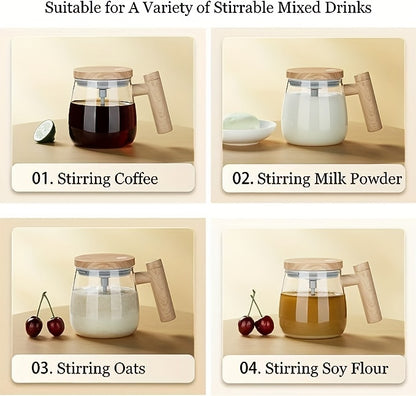 Self-Stirring Mug 400ml OBS-JB01 with Listed 8cm Stirring Bar, Borosilicate Glass and Imitation-Wood Plastic Design for Coffee, Milk and Compatible Powdered Drinks