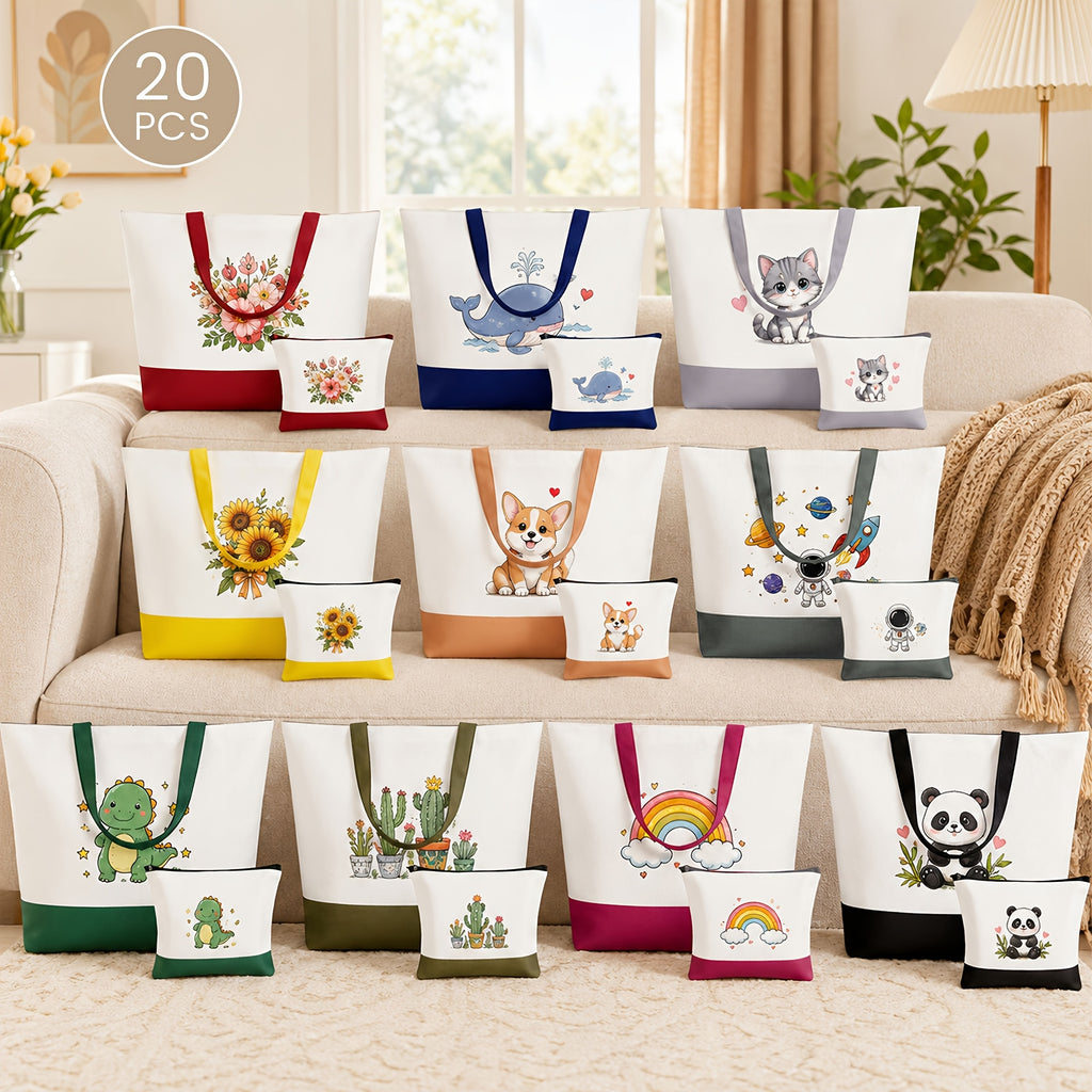 Sublimation Tote and Makeup Bag Blanks with Listed 20-Piece Pack Options, Canvas Tote Crafting and Decorating Supplies for Personalized Designs and Gift Projects
