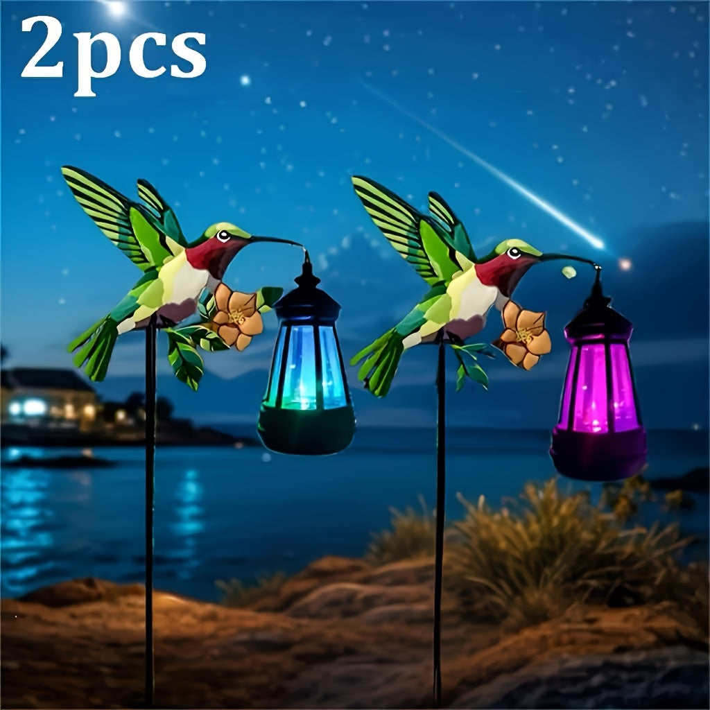 Solar Hummingbird Lantern Pair, Two-Piece Hanging Garden Light Set in Warm or Multicolor Options with Metal and Plastic Construction for Courtyard and Party Decor