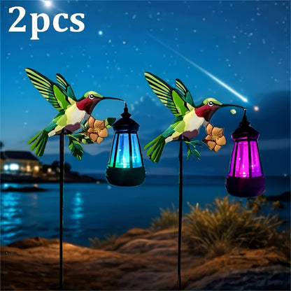 Solar Hummingbird Lantern Pair, Two-Piece Hanging Garden Light Set in Warm or Multicolor Options with Metal and Plastic Construction for Courtyard and Party Decor