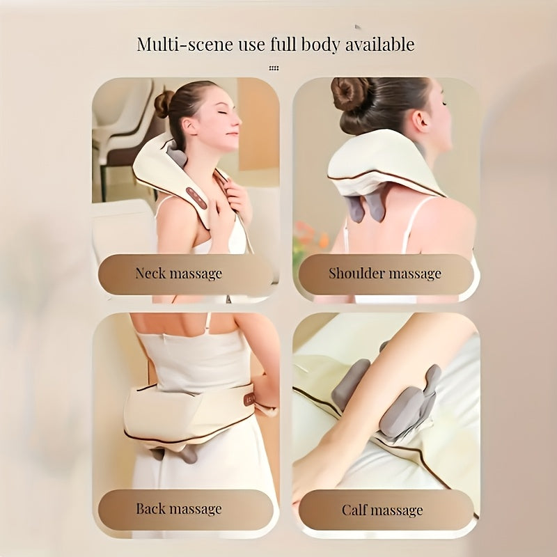 Six-Node Kneading Neck Massager with Listed Heating and Wireless Shiatsu Design, Beige or White Personal Massage Device for Instruction-Guided Comfort Routines