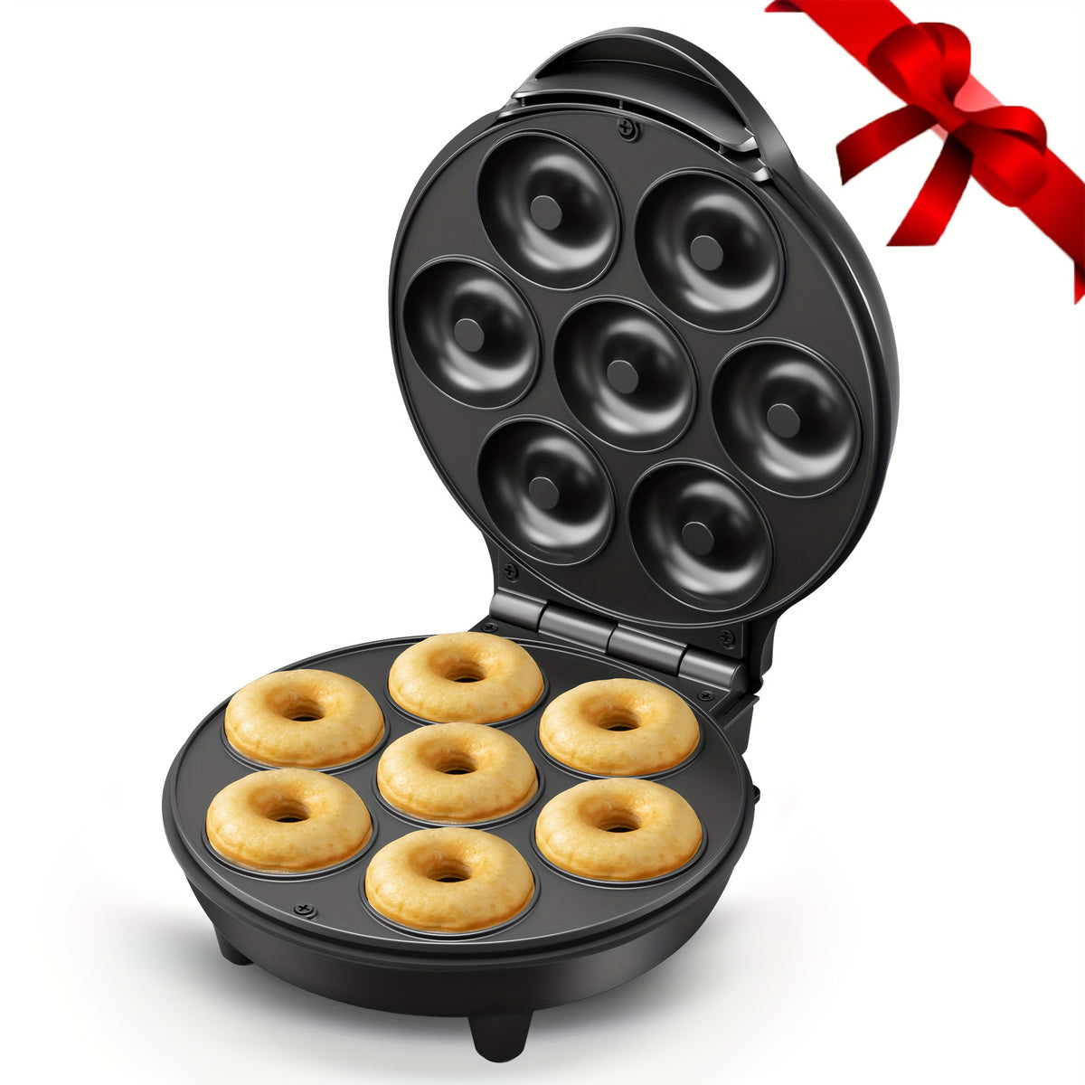 Mini Donut Maker with 7 Slots and Nonstick Cooking Plates for Homemade Breakfast Treats, After-School Snacks, Family Desserts and Decorating Fun