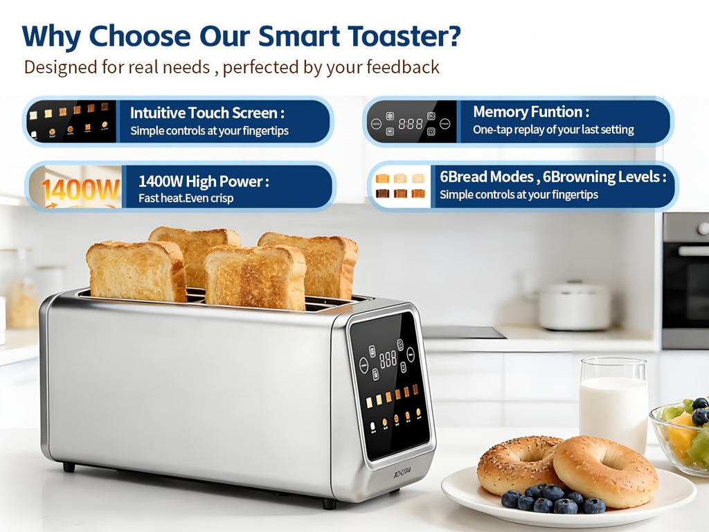 Touchscreen Four-Slice Long Slot Toaster with Listed 1.5-Inch Wide Slots, Six Shade Settings, Countdown Display, Memory and Dual Independent Controls, Stainless Steel