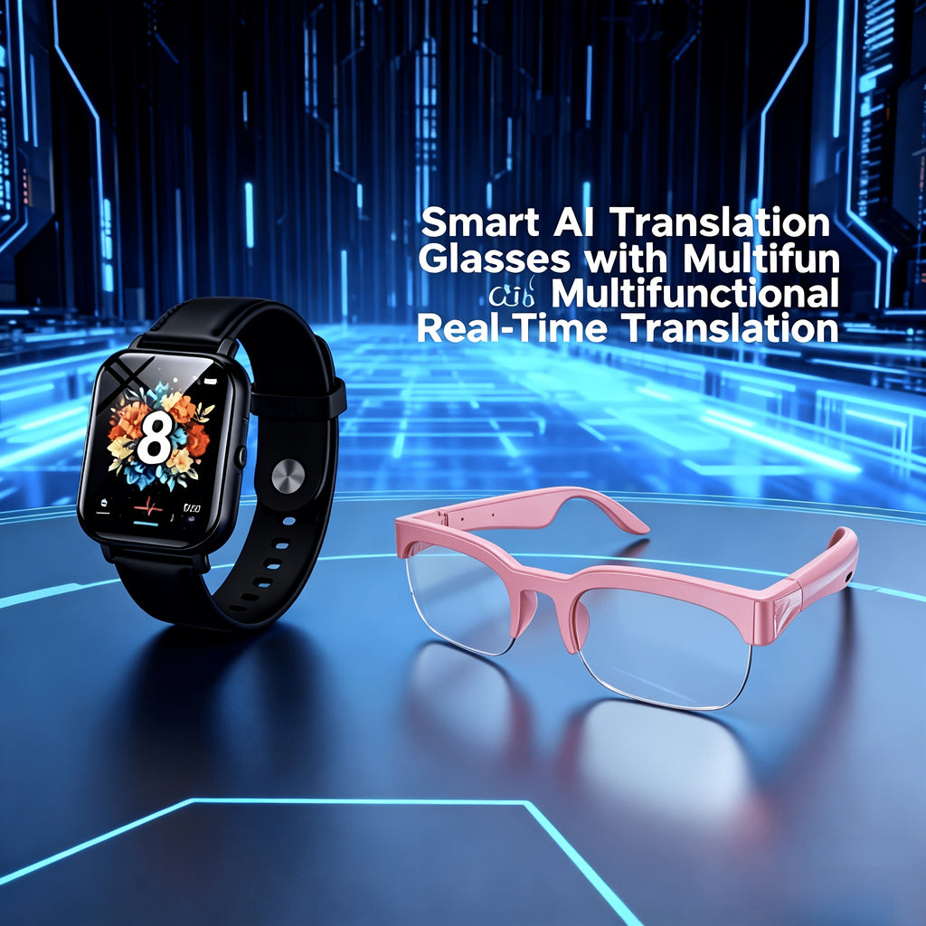 Audio Translation Eyewear and Touchscreen Watch Set with Listed AI Multilingual Functions, Built-In Microphone and Speaker, Music and Hands-Free Calling