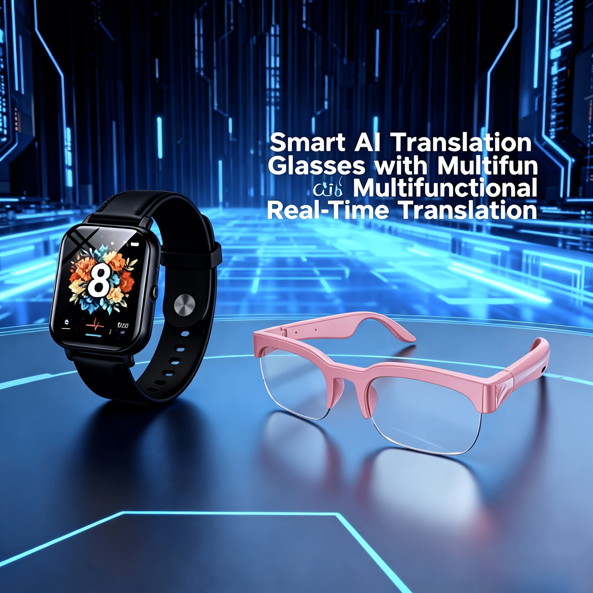 Audio Translation Eyewear and Touchscreen Watch Set with Listed AI Multilingual Functions, Built-In Microphone and Speaker, Music and Hands-Free Calling