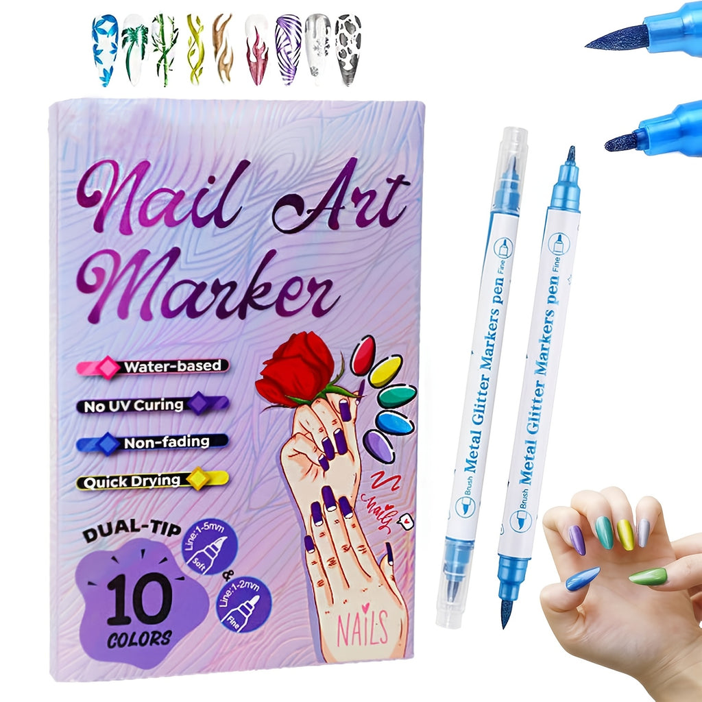 Metallic Nail Art Pens with Double-Ended Acrylic Paint Marker Design, 10-Color Quick-Drying Selection for Decorative Dots, Lines and DIY Home or Salon Manicures