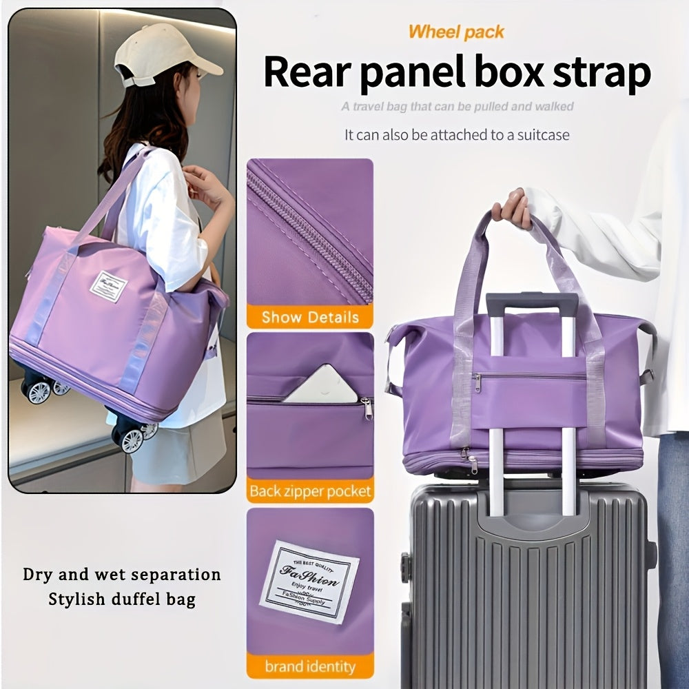 3-in-1 Expandable Travel Duffel Bag, Foldable Nylon Weekend Tote with Detachable Spinner Design and Wheel-Free Pink Option for Overnight Trips and Moving