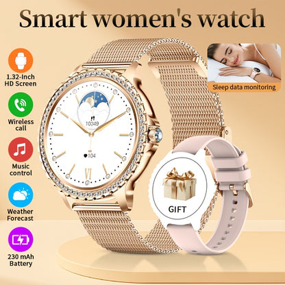 Women's Smartwatch by LIGE with Listed 1.32-Inch HD Display, Wireless Calling and 20 Sports Modes, Golden, Golden Mesh Belt or Silvery Options for iPhone Android