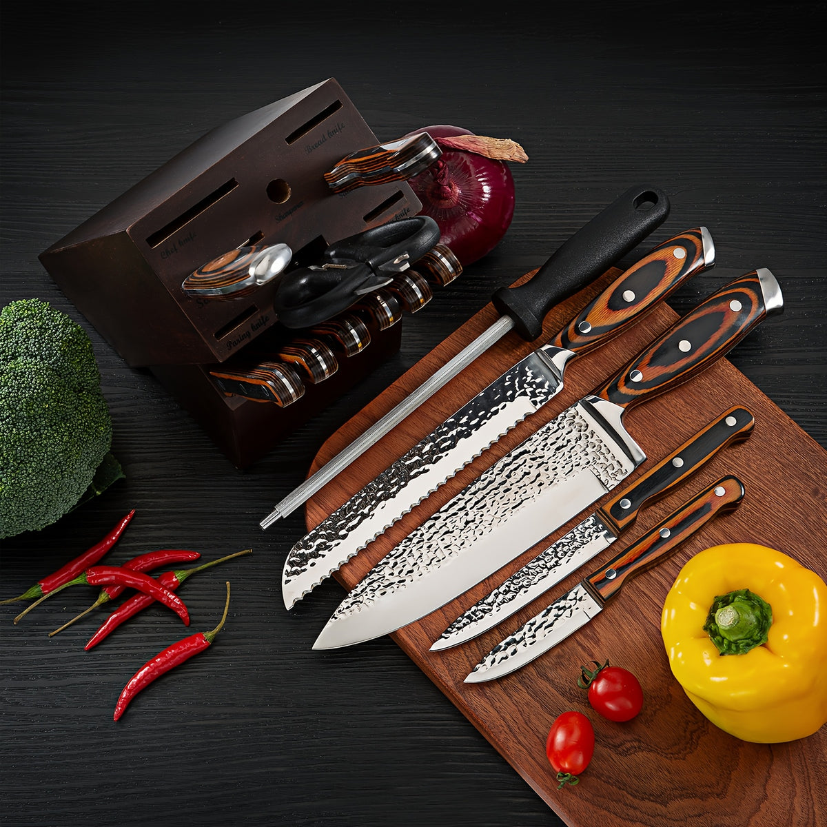 Hammered Kitchen Knife Set in Stainless Steel with Listed Wooden Handles, Storage Block and Sharpener for Home Cooking, 15-PCS or 20-PCS-Black Options