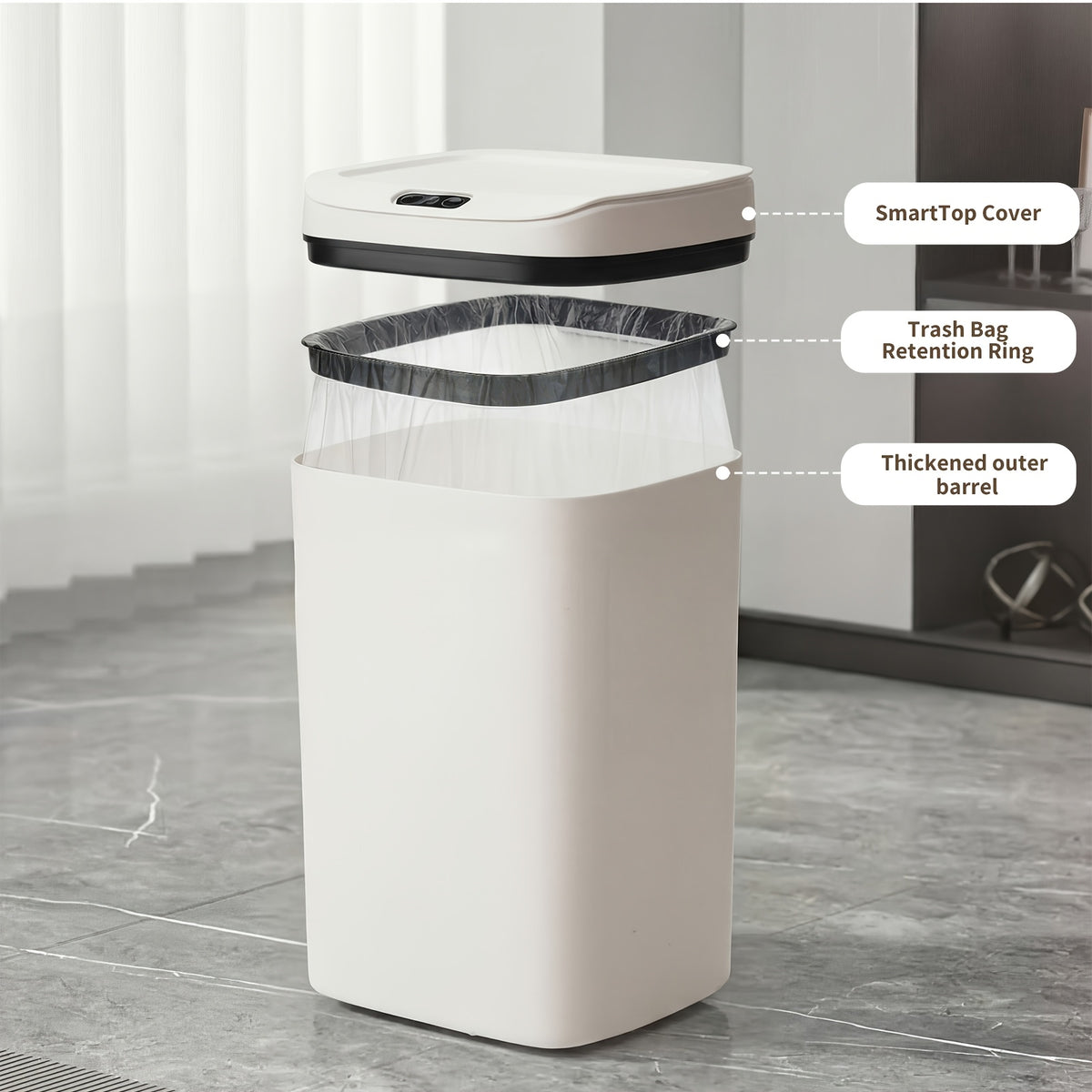 Touchless Plastic Trash Can with Motion Sensor Lid, 3.17 or 4.23-Gallon Capacity Options and Selected Bag Rings or Holders for Kitchen, Bathroom and Office