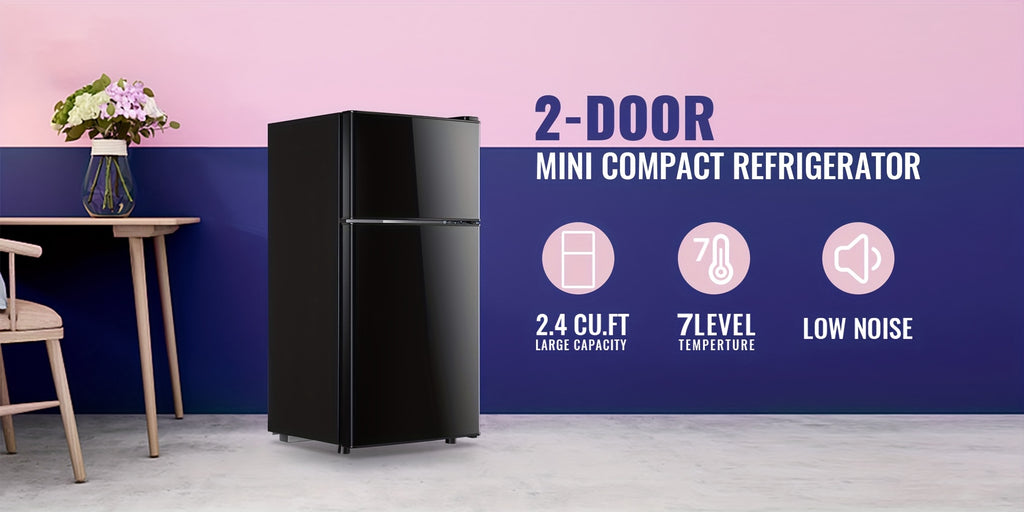 Double-Door Mini Refrigerator by DEMULLER with Listed 2.4 Cu Ft Capacity, Top Freezer, Two Removable Plastic Shelves and Adjustable Feet for Apartments and Dorms