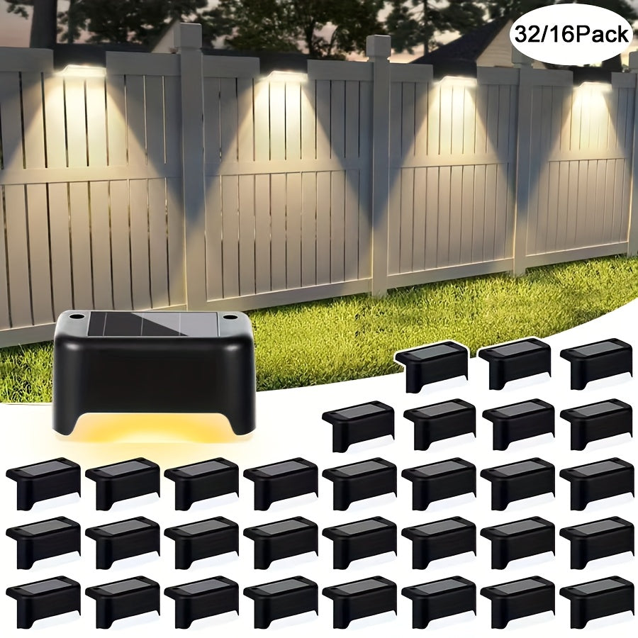 Warm White Solar Step Lights, 16 or 32-Pack Outdoor LED Accents with ABS Housing, Screw Mounting and Automatic On/Off in Black, White or Brown