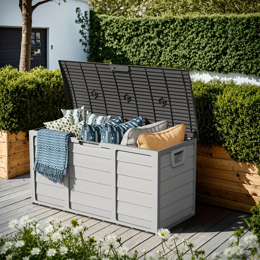 Resin Deck Box with 75-Gallon Capacity and Handles, Gray or Pure Black Outdoor Storage Container for Compatible Patio, Garden and Poolside Essentials