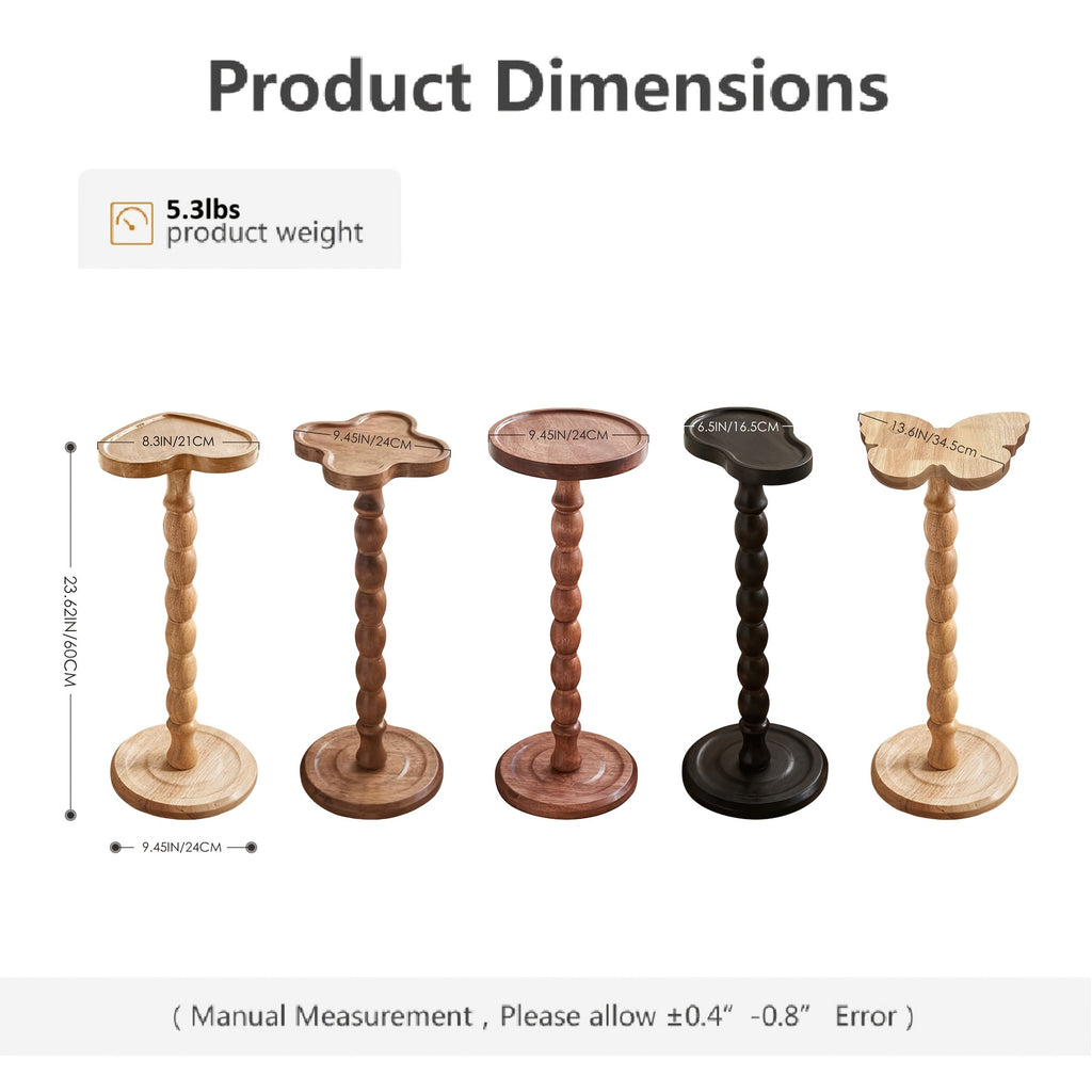 Pedestal Side Table with Heart, Clover, Gourd, Butterfly or Round Style Options, Wood, Walnut or Black Color Choices for Living Room and Bedroom Accents