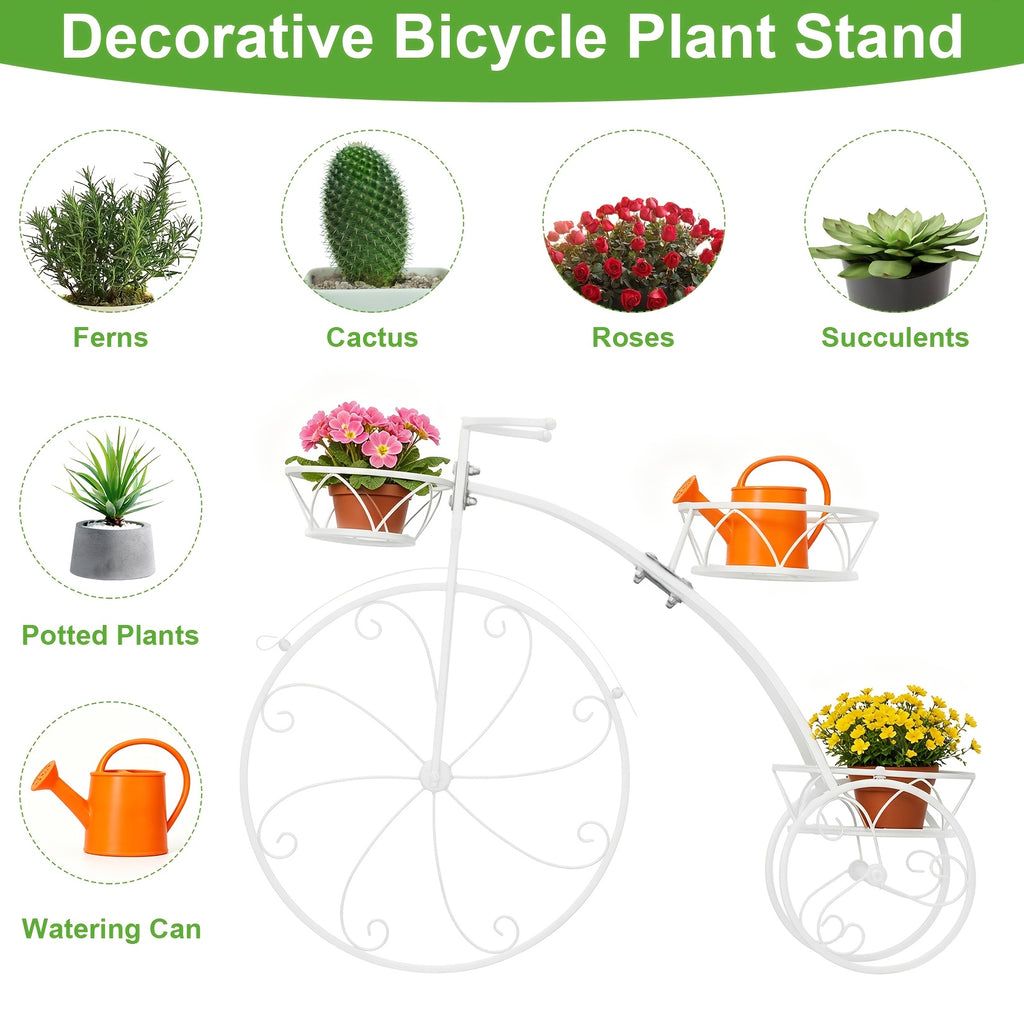 Tricycle Plant Stand in Black or White with Three Iron Pot Holders, Decorative Bicycle Flower Display with Fixed Wheels for Home and Suitable Patio Spaces