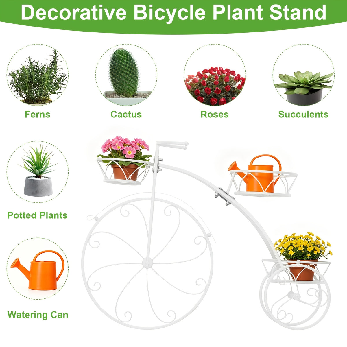 Tricycle Plant Stand in Black or White with Three Iron Pot Holders, Decorative Bicycle Flower Display with Fixed Wheels for Home and Suitable Patio Spaces
