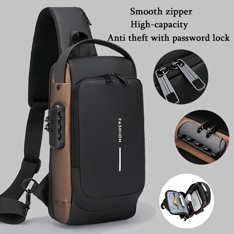 Mens Locking Sling Bag by Cutecity with USB Charging Port, Adjustable Shoulder Strap and Multiple Compartments in Black Brown or Blue Brown for Commuting and City Walks