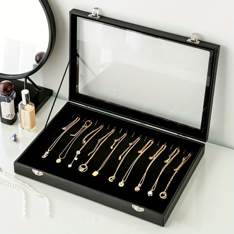 Glass Lid Jewelry Organizer in Black Synthetic Leather with Multi-Compartment Storage, Necklace Box or Earring Box Options for Dressers and Gift Selection