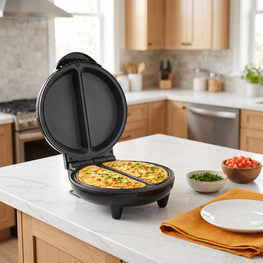 Electric Omelet Maker with Dual 6.5-Inch Nonstick Pans, Black Double-Sided Flip Cooker for Pancakes, Frittatas, Crepes and Homemade Breakfasts
