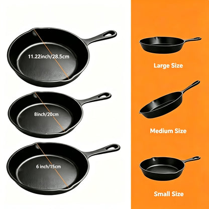 Cast Iron Skillet Set, 3-Piece Pre-Seasoned Round Pans with Handles for Stovetop Meals, Steak and Omelette Cooking, Camping and Compatible Grill Use