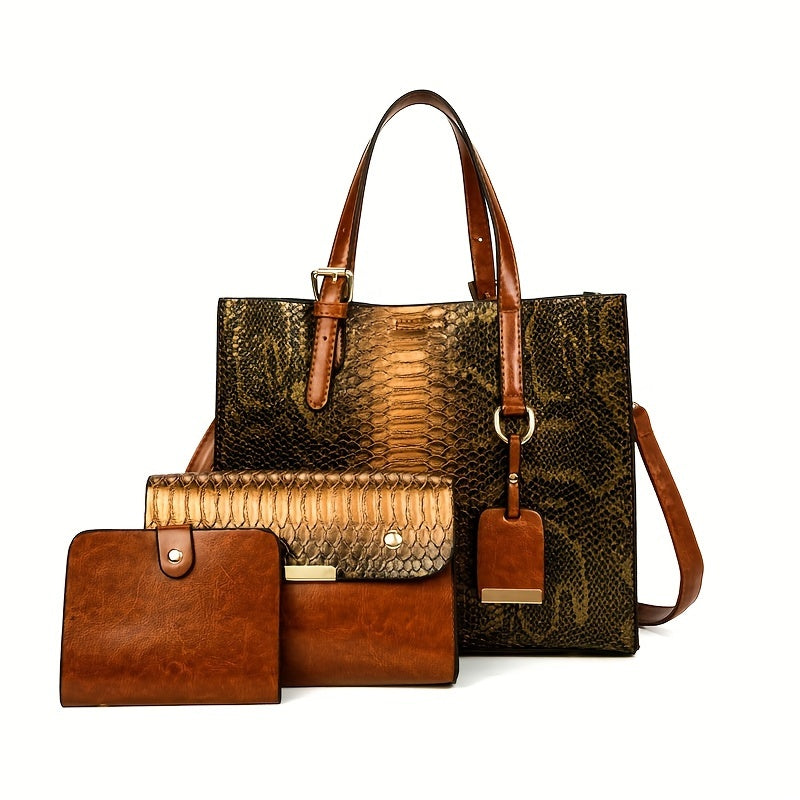 Crocodile-Pattern Handbag Set for Women with Listed Three-Piece Satchel and Tote Styling, Six Color Options for Everyday Outfits, Office and Casual Occasions