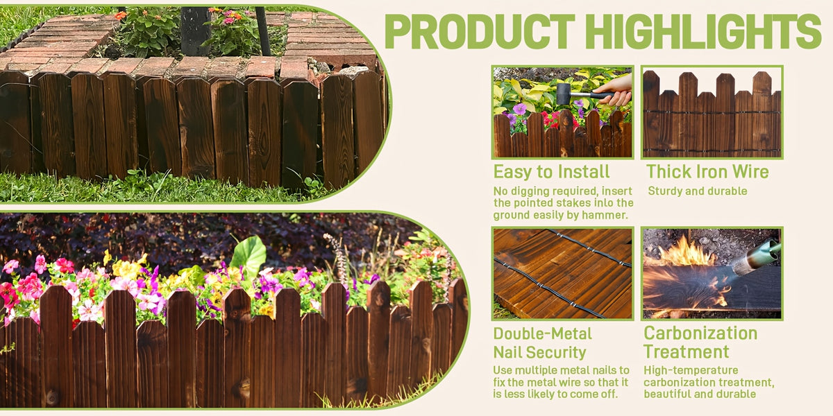 Wooden Garden Edging Border with Listed 47.2-Inch Length, Wire-Connected Decorative Picket Design for Flower Bed Outlines, Curved Paths and Landscape Accents