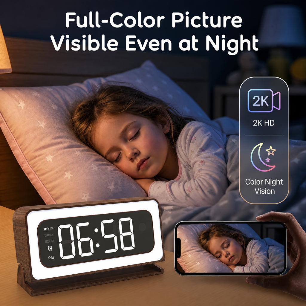 Wood-Grain Indoor Security Clock Camera with Listed 2K Video, Dual-Band WiFi, Color Night Vision, Motion Alerts, Rechargeable Battery and Optional microSD Storage