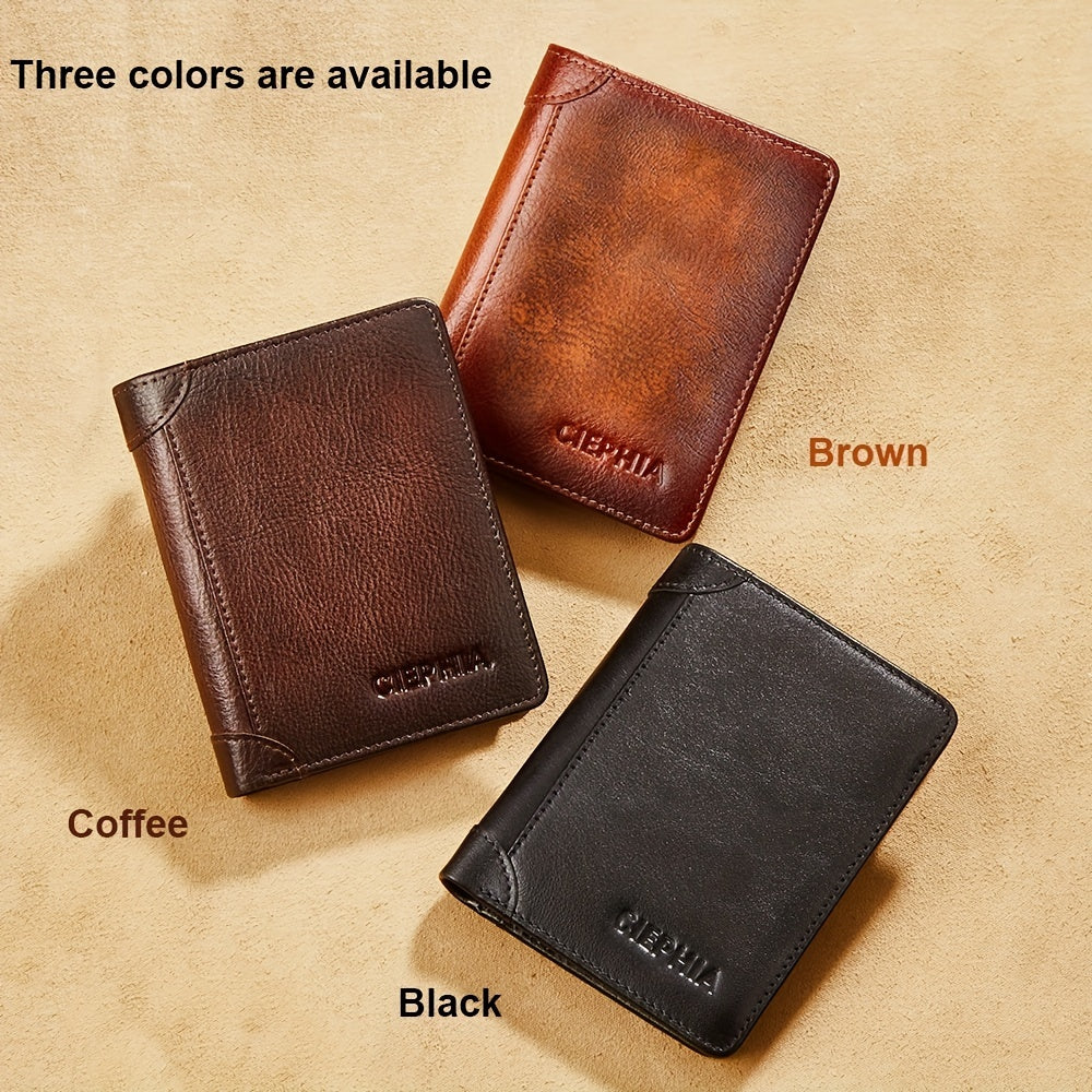 Trifold Leather Wallet for Men with Eight Card Slots, Two ID Windows, Coin Pocket and Two Banknote Sections, Yellow Brown, Black or Coffee Color for Daily Carry