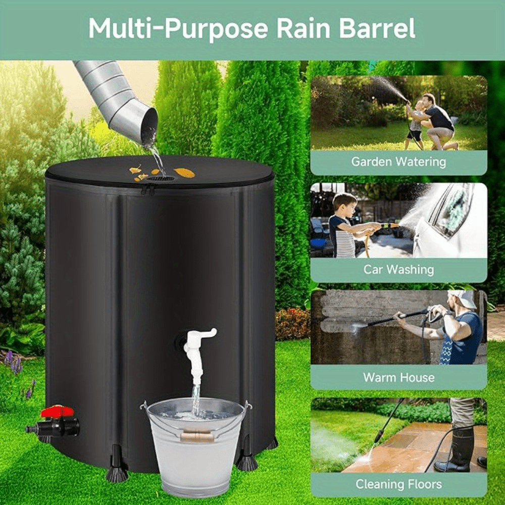Rain Barrel Water Collection Tank with Multiple Listed Capacities, Plastic Garden Water Storage Container in Black or Green for Backyard Watering and Lawn Care