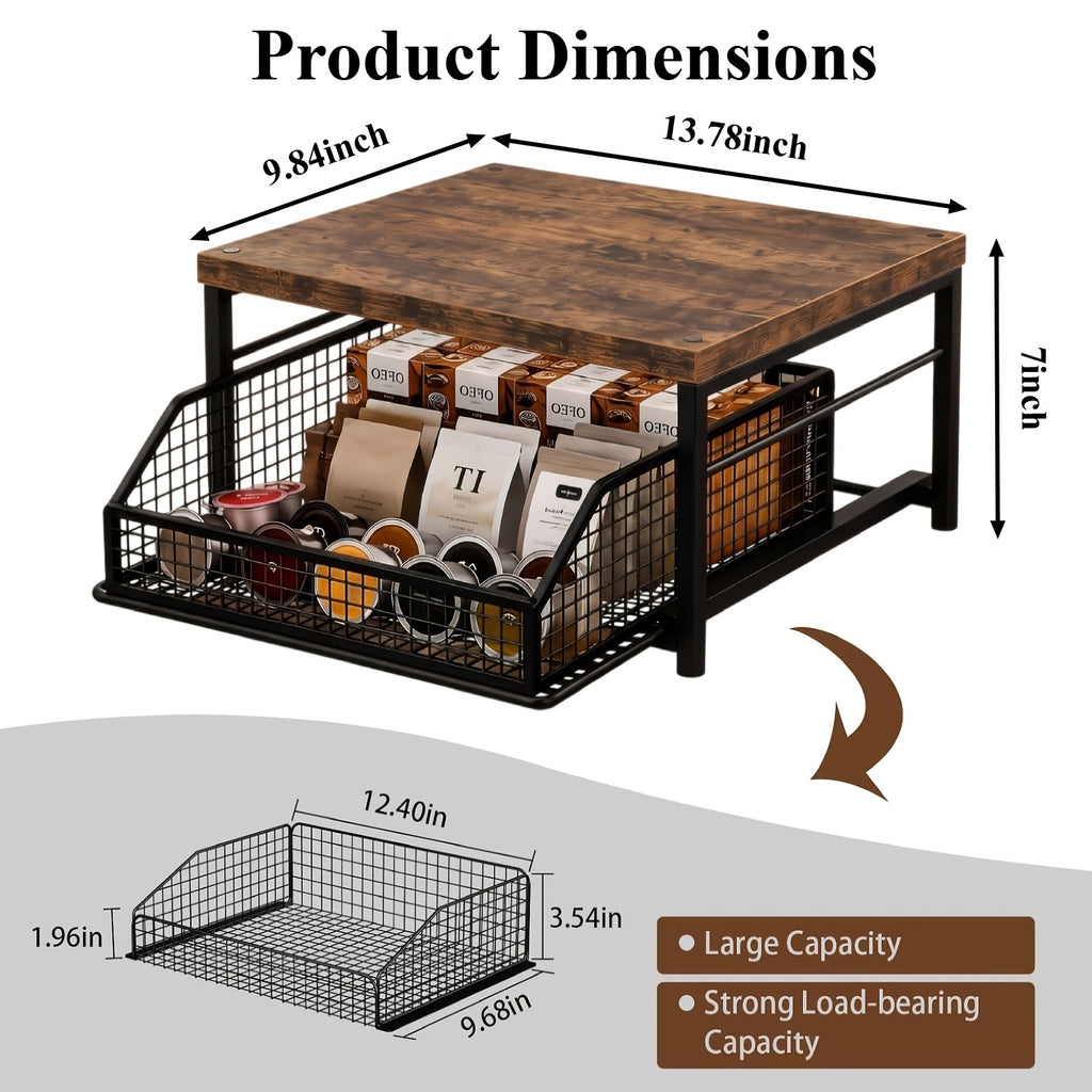 Coffee Pod Storage Drawer Stand, Modern Black Metal Countertop Shelf with Listed 70-Pod Capacity for Compatible Coffee Machines and Kitchen Accessories