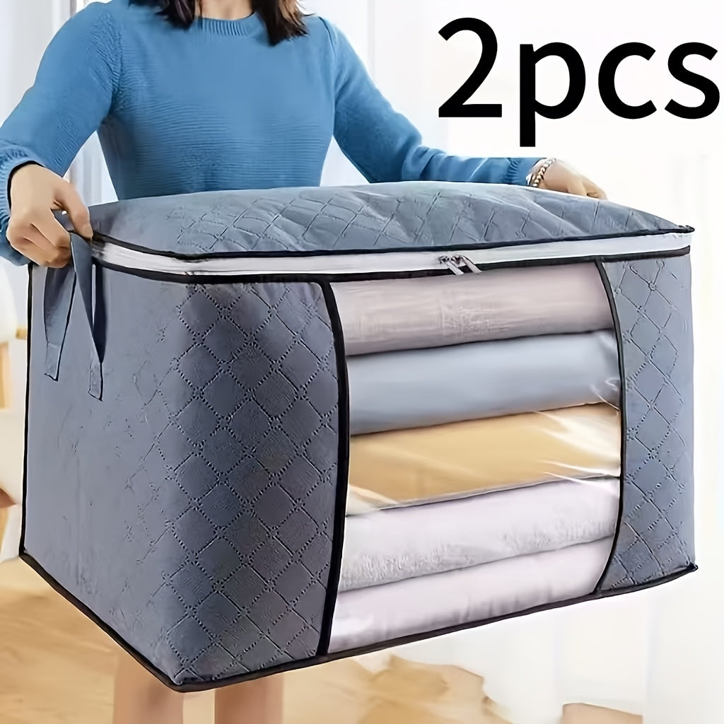 Foldable Bedding Storage Bags with Zipper Lids and Reinforced Handles, Grey Non-Woven Clothing Organizers in 2 or 4 Piece Packs for Seasonal Closet Storage