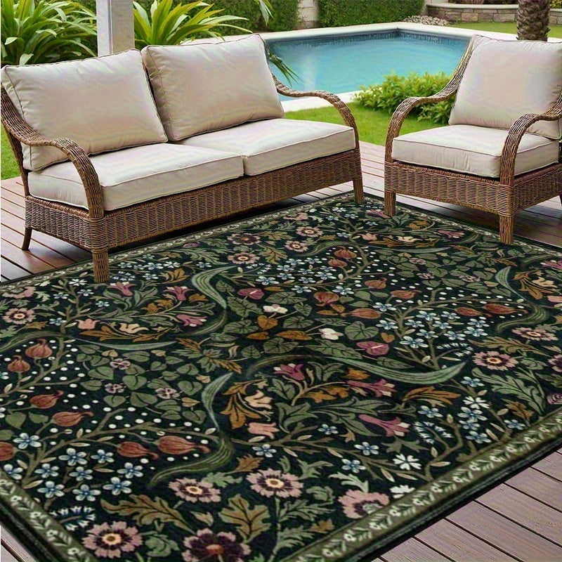Bohemian Floral Floor Mat with Listed Golden Diamond Pattern and Soft Polyester Material, Three Size Options for Patio, RV, Camping and Indoor Decor Planning