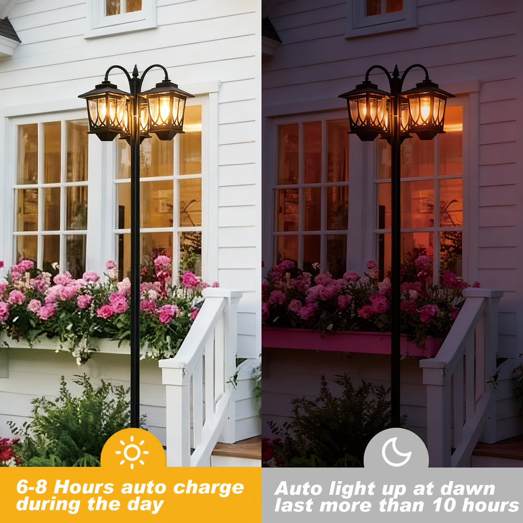 Three-Head Solar Lamp Post with Listed 73-Inch Section-Adjustable Design and 3000K Warm White Light, Black, Two-Pack or Upgraded Flower Pot Model Labels